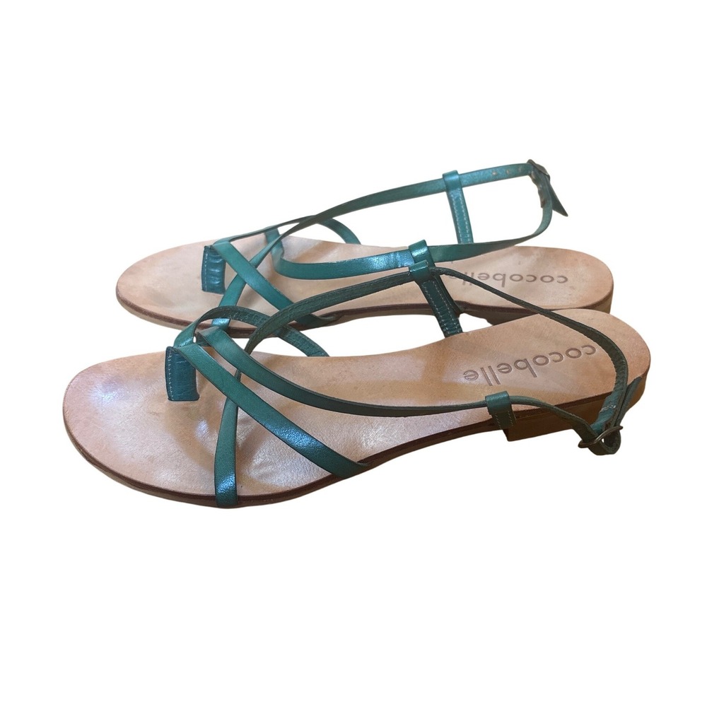 Cocobelle Sandals Women Teal Green‎ Strappy Leather Flat Italy Boho SIZE 39